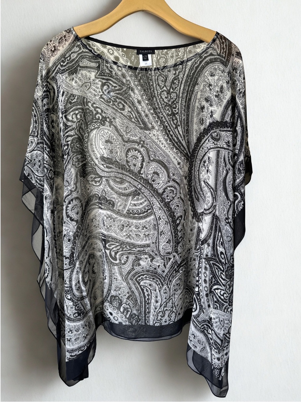 Talbots 100% Silk Poncho Top L XL Black White Sheer Paisley Scarf Blouse